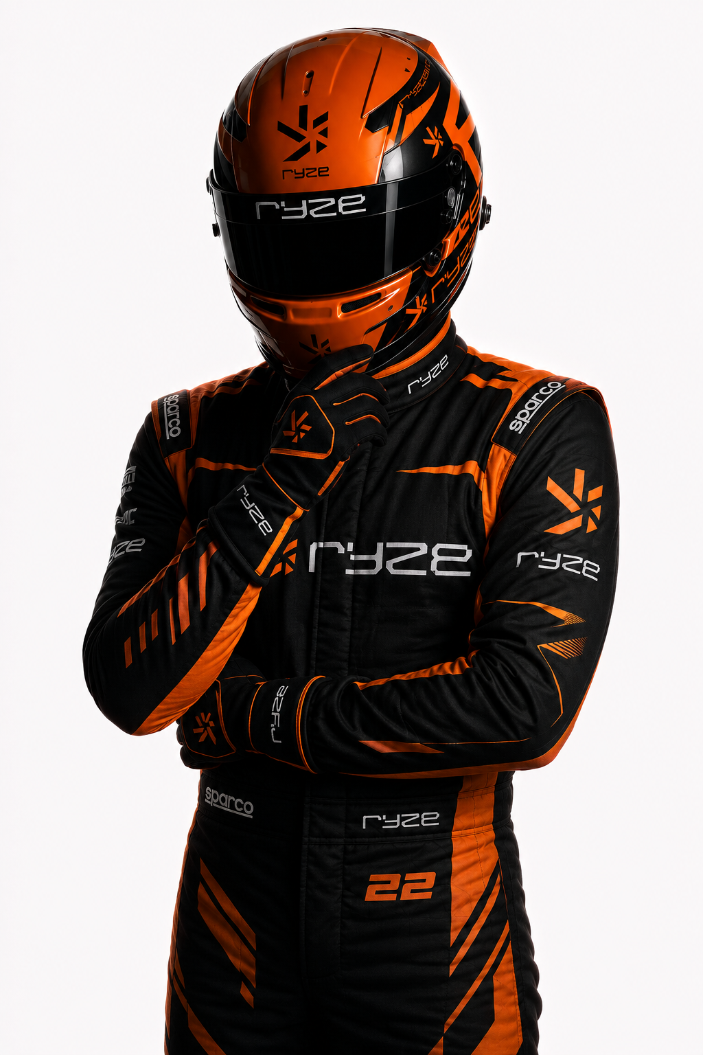 RYZE racing character in an orange helmet and black RYZE racing suit