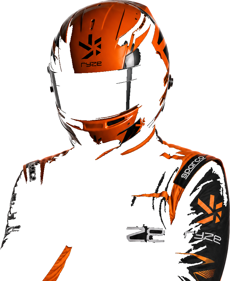 RYZE racing character in an orange helmet and black suit